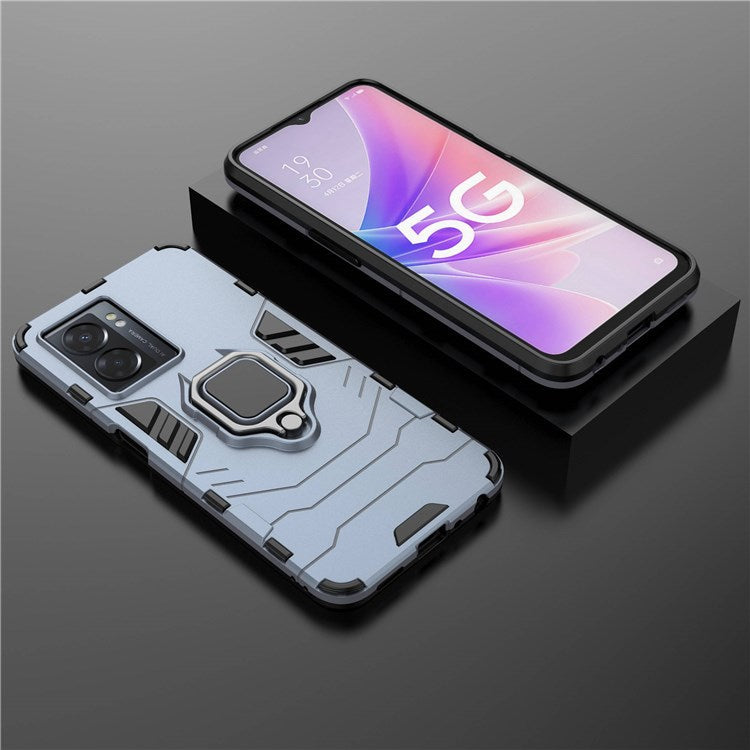For Oppo A57 (2022) 5G / A77 5G / OnePlus Nord N300 5G Ring Kickstand Rugged Phone Cover Wear-resistant Hard PC Soft TPU Frame Protective Case - Blue