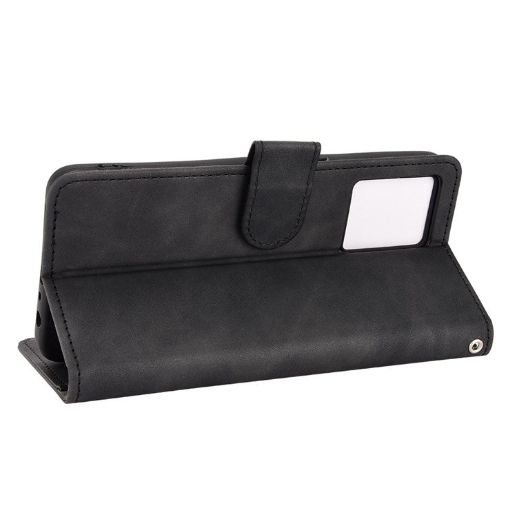 PU Leather Wallet Holster for Oppo Reno7 4G, Magnetic Buckle Skin-Friendly Shockproof Stand Flip Cover - Black