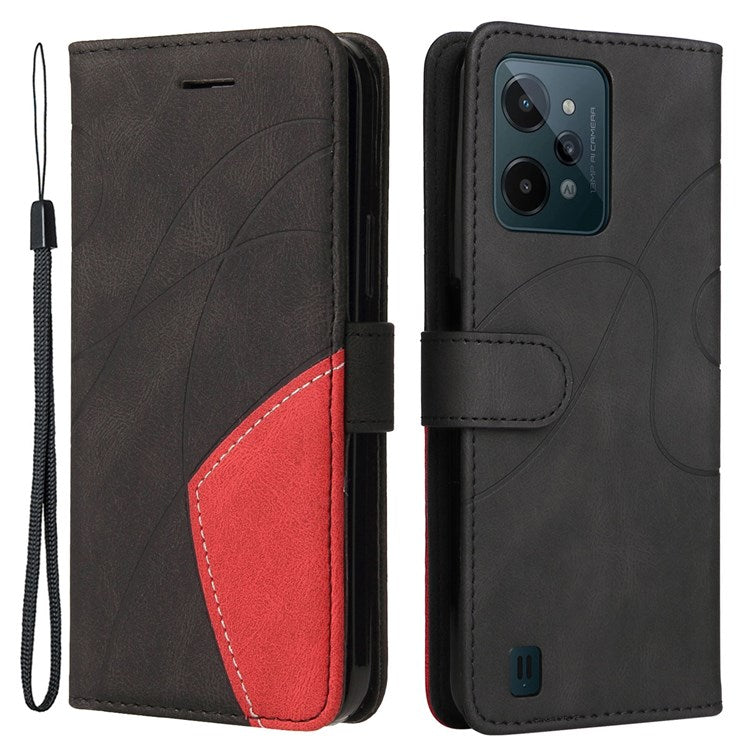 For Realme C31 4G Dual-color Splicing PU Leather Wear-resistant Wallet Style Mobile Phone Case Stand Shell with Strap - Black