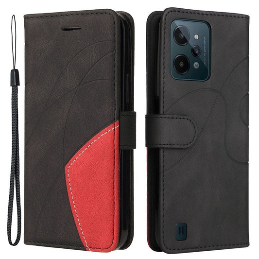 For Realme C31 4G Dual-color Splicing PU Leather Wear-resistant Wallet Style Mobile Phone Case Stand Shell with Strap - Black