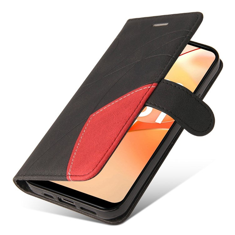 For Realme C31 4G Dual-color Splicing PU Leather Wear-resistant Wallet Style Mobile Phone Case Stand Shell with Strap - Black