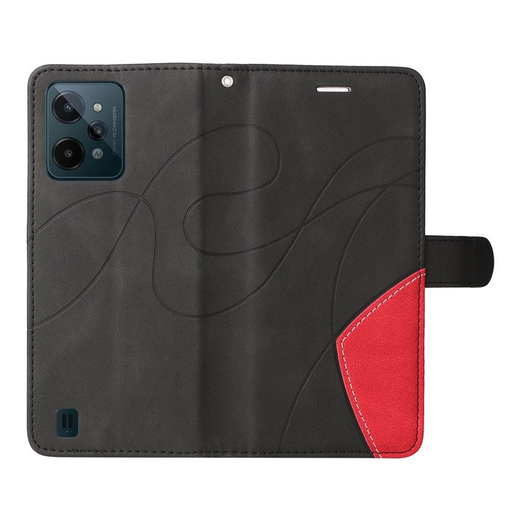 For Realme C31 4G Dual-color Splicing PU Leather Wear-resistant Wallet Style Mobile Phone Case Stand Shell with Strap - Black