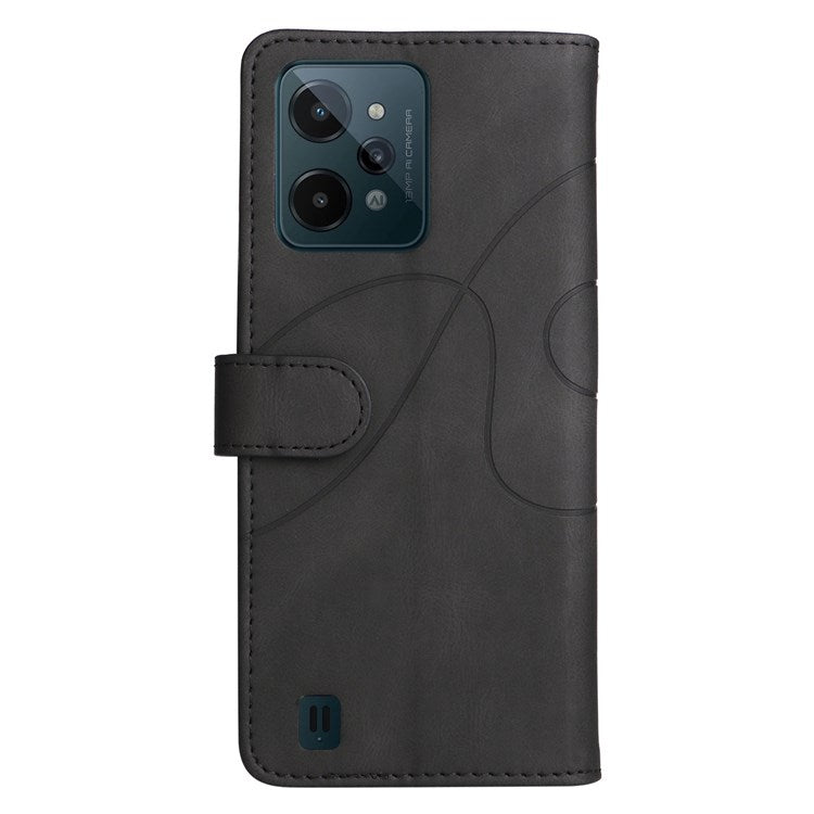 For Realme C31 4G Dual-color Splicing PU Leather Wear-resistant Wallet Style Mobile Phone Case Stand Shell with Strap - Black