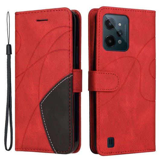 For Realme C31 4G Dual-color Splicing PU Leather Wear-resistant Wallet Style Mobile Phone Case Stand Shell with Strap - Red