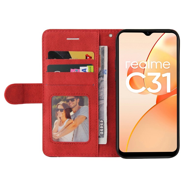 For Realme C31 4G Dual-color Splicing PU Leather Wear-resistant Wallet Style Mobile Phone Case Stand Shell with Strap - Red