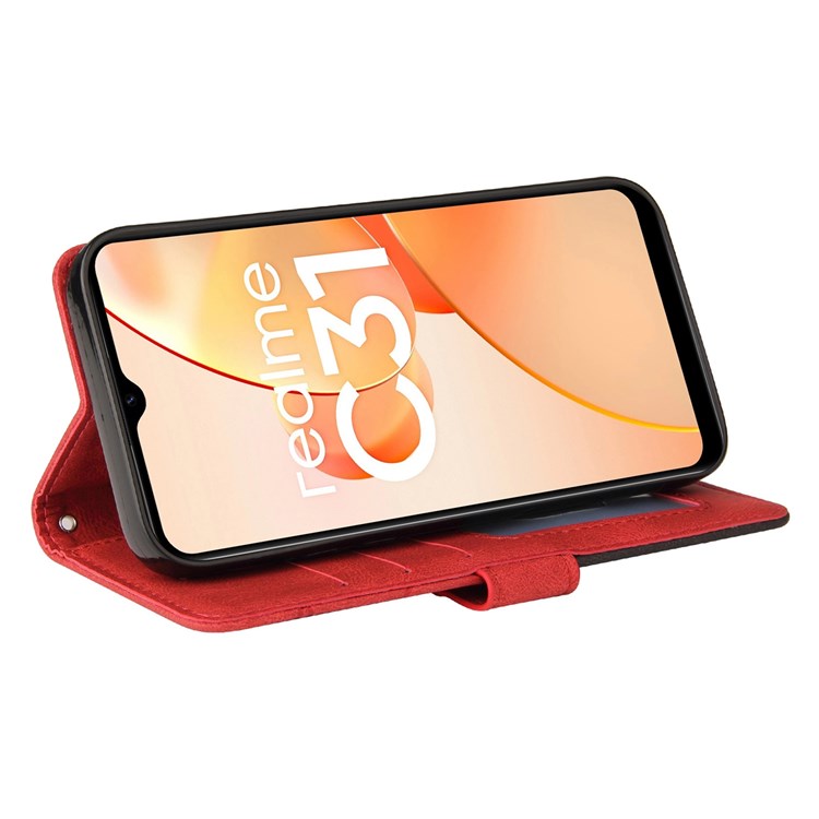 For Realme C31 4G Dual-color Splicing PU Leather Wear-resistant Wallet Style Mobile Phone Case Stand Shell with Strap - Red