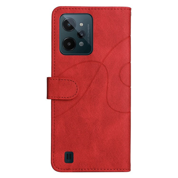 For Realme C31 4G Dual-color Splicing PU Leather Wear-resistant Wallet Style Mobile Phone Case Stand Shell with Strap - Red