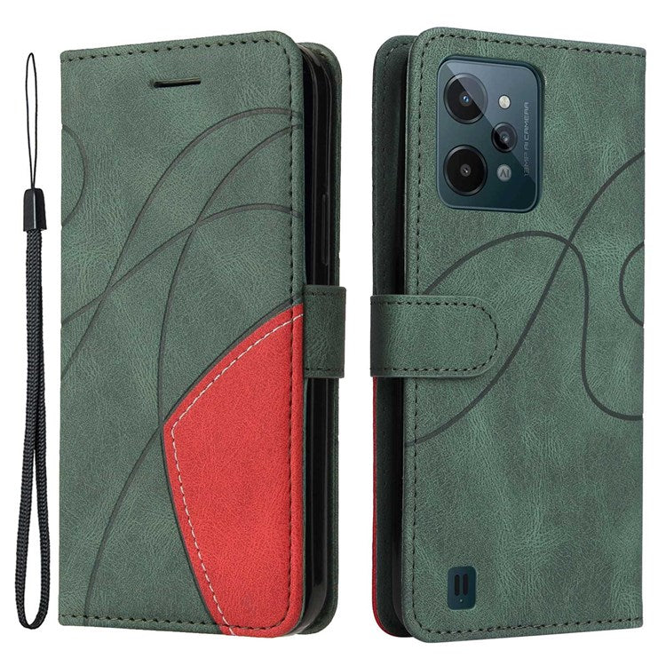 For Realme C31 4G Dual-color Splicing PU Leather Wear-resistant Wallet Style Mobile Phone Case Stand Shell with Strap - Green