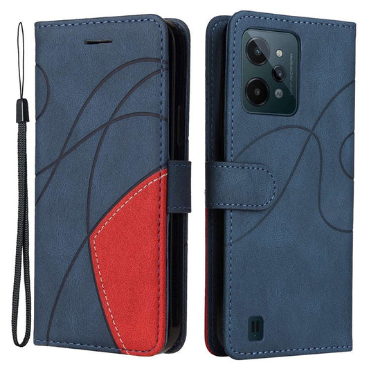 For Realme C31 4G Dual-color Splicing PU Leather Wear-resistant Wallet Style Mobile Phone Case Stand Shell with Strap - Blue