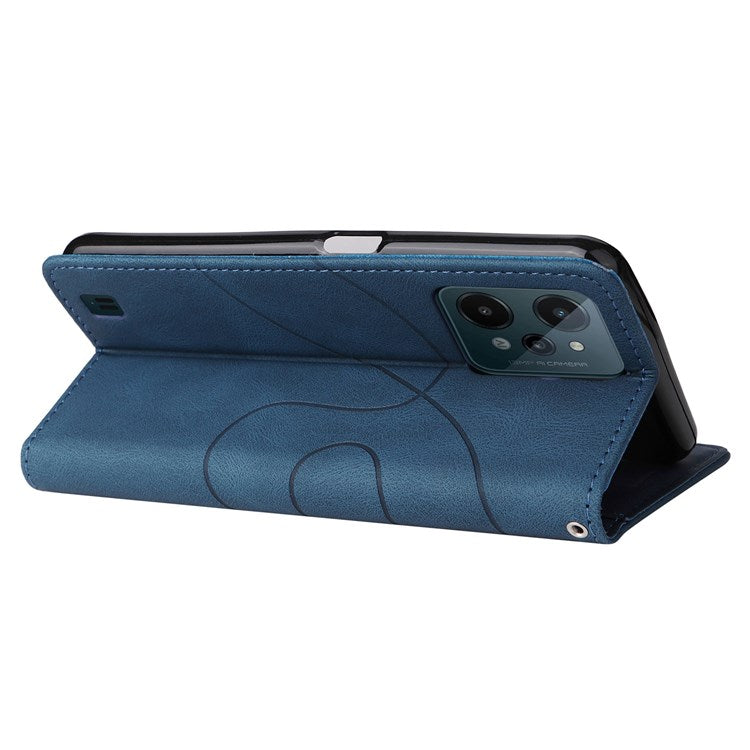 For Realme C31 4G Dual-color Splicing PU Leather Wear-resistant Wallet Style Mobile Phone Case Stand Shell with Strap - Blue