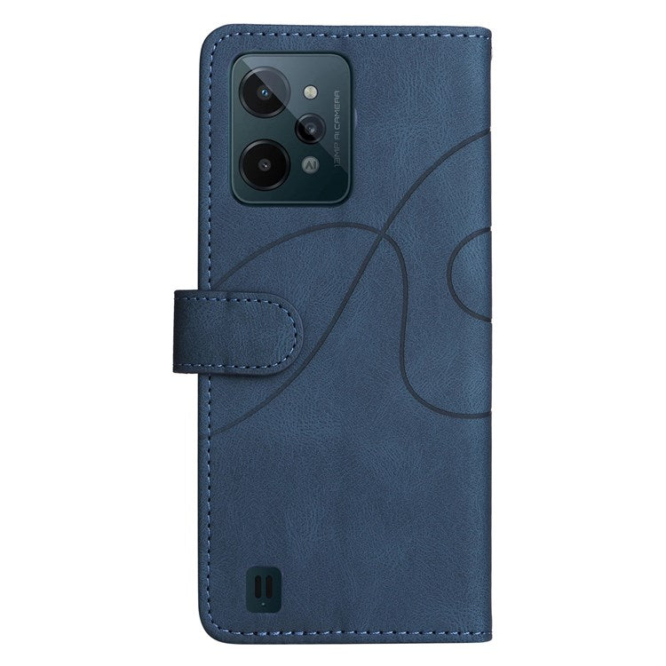 For Realme C31 4G Dual-color Splicing PU Leather Wear-resistant Wallet Style Mobile Phone Case Stand Shell with Strap - Blue