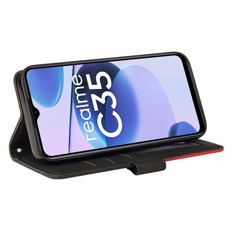 For Realme C35 4G Dual-color Splicing PU Leather Well-protected Folio Flip Wallet Style Phone Case Stand Shell with Strap - Black