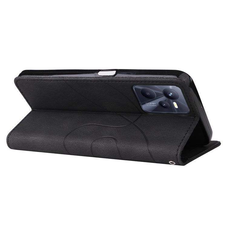 For Realme C35 4G Dual-color Splicing PU Leather Well-protected Folio Flip Wallet Style Phone Case Stand Shell with Strap - Black