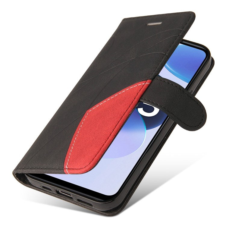 For Realme C35 4G Dual-color Splicing PU Leather Well-protected Folio Flip Wallet Style Phone Case Stand Shell with Strap - Black