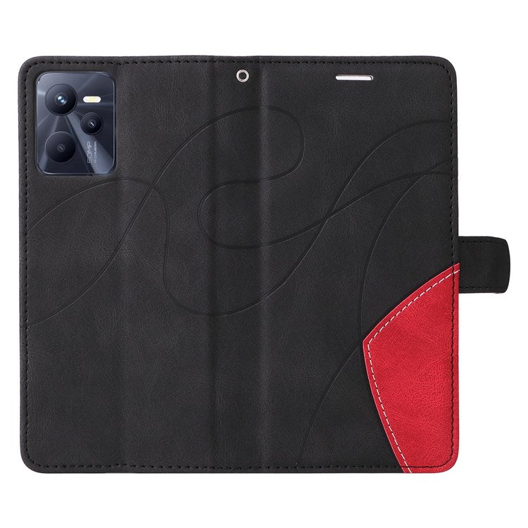 For Realme C35 4G Dual-color Splicing PU Leather Well-protected Folio Flip Wallet Style Phone Case Stand Shell with Strap - Black