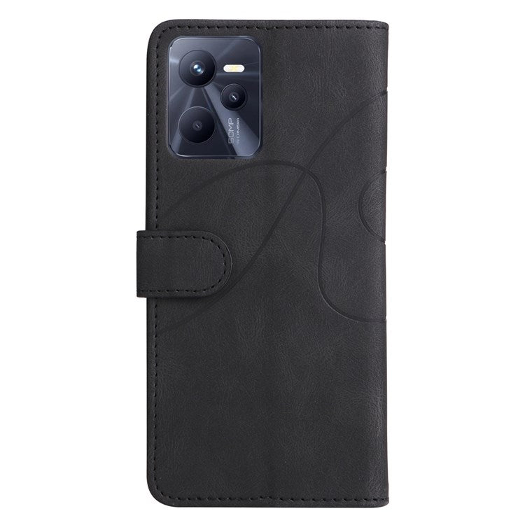 For Realme C35 4G Dual-color Splicing PU Leather Well-protected Folio Flip Wallet Style Phone Case Stand Shell with Strap - Black