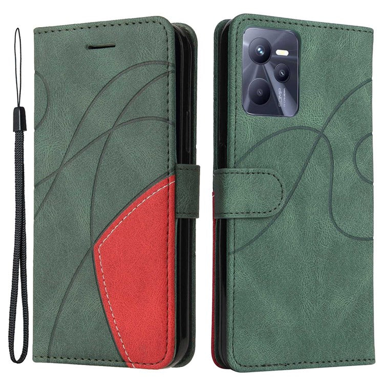For Realme C35 4G Dual-color Splicing PU Leather Well-protected Folio Flip Wallet Style Phone Case Stand Shell with Strap - Green
