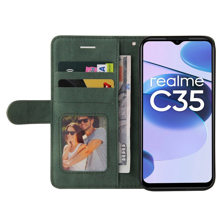 For Realme C35 4G Dual-color Splicing PU Leather Well-protected Folio Flip Wallet Style Phone Case Stand Shell with Strap - Green
