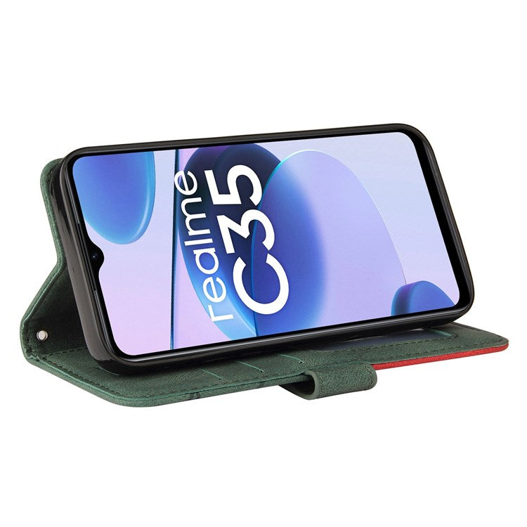 For Realme C35 4G Dual-color Splicing PU Leather Well-protected Folio Flip Wallet Style Phone Case Stand Shell with Strap - Green