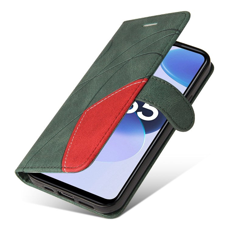 For Realme C35 4G Dual-color Splicing PU Leather Well-protected Folio Flip Wallet Style Phone Case Stand Shell with Strap - Green