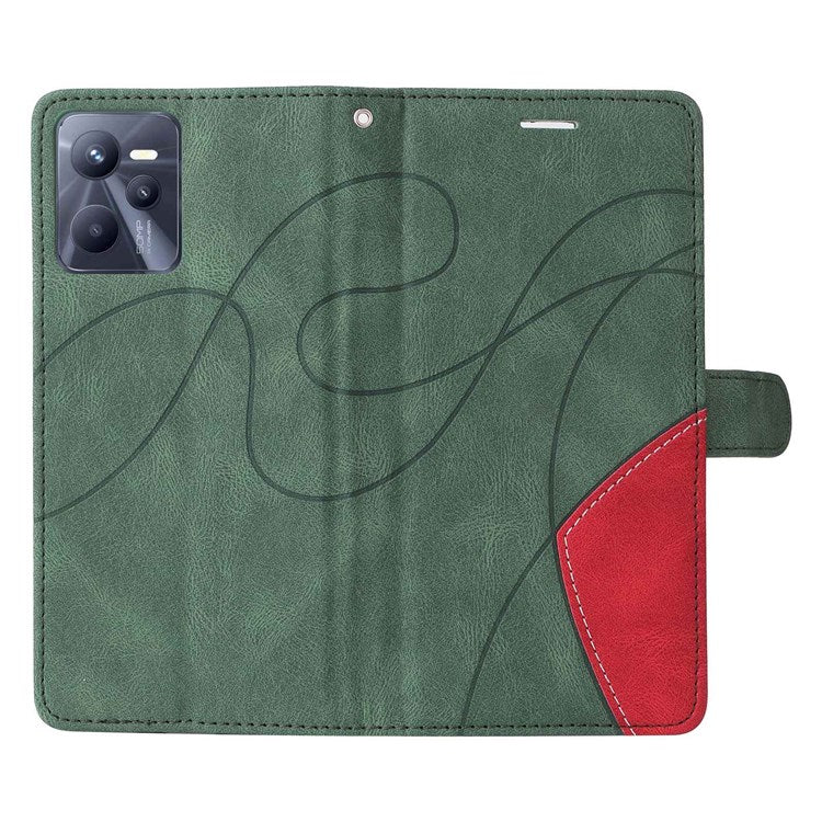 For Realme C35 4G Dual-color Splicing PU Leather Well-protected Folio Flip Wallet Style Phone Case Stand Shell with Strap - Green