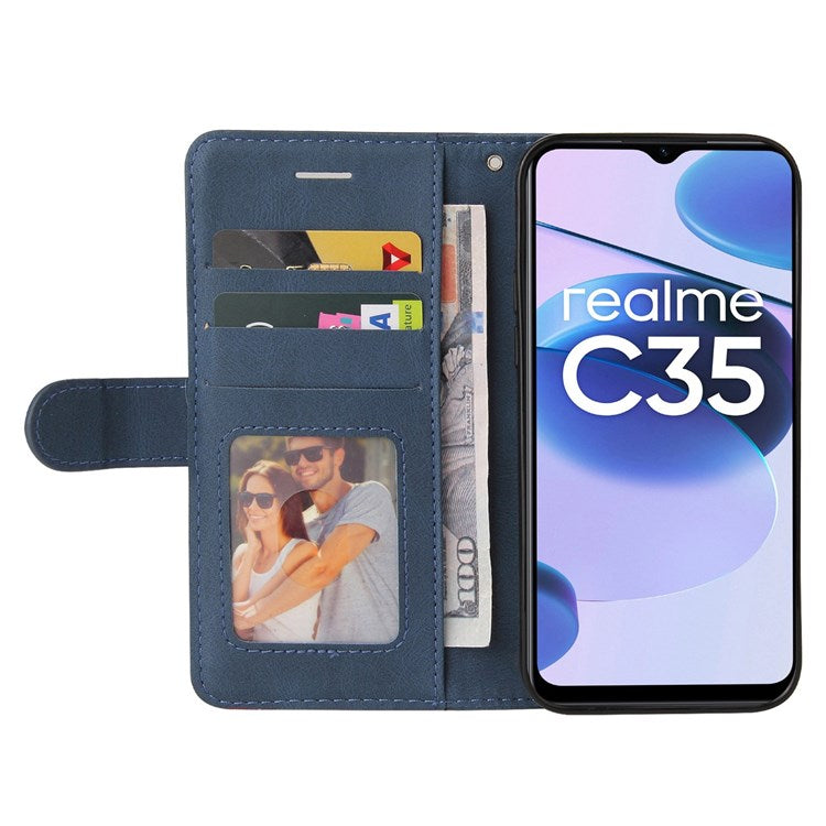 For Realme C35 4G Dual-color Splicing PU Leather Well-protected Folio Flip Wallet Style Phone Case Stand Shell with Strap - Blue