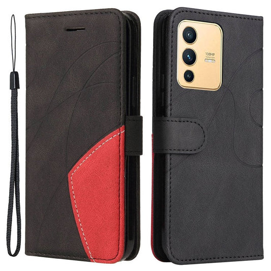 For vivo V23 5G Dual-color Splicing PU Leather Anti-drop Anti-scratch Wallet Function Mobile Phone Case Stand Shell with Strap - Black