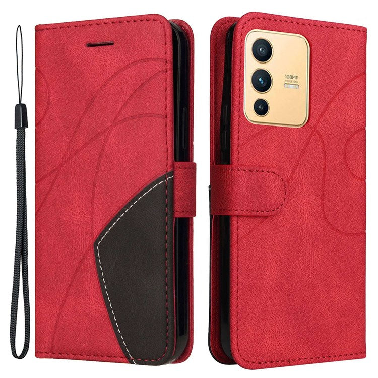 For vivo V23 5G Dual-color Splicing PU Leather Anti-drop Anti-scratch Wallet Function Mobile Phone Case Stand Shell with Strap - Red