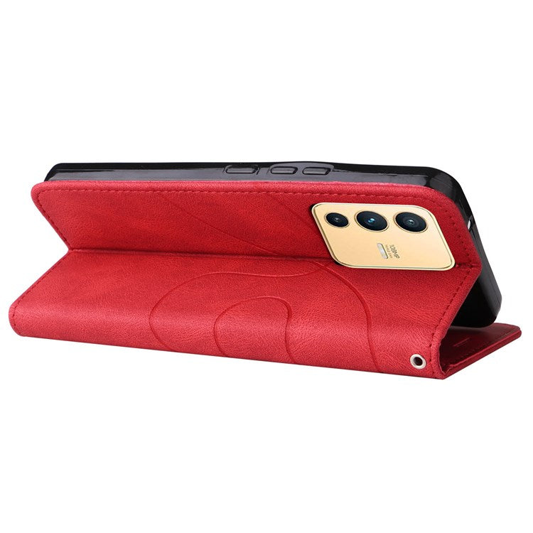 For vivo V23 5G Dual-color Splicing PU Leather Anti-drop Anti-scratch Wallet Function Mobile Phone Case Stand Shell with Strap - Red