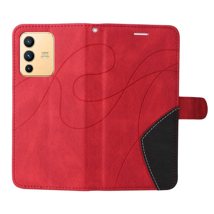 For vivo V23 5G Dual-color Splicing PU Leather Anti-drop Anti-scratch Wallet Function Mobile Phone Case Stand Shell with Strap - Red