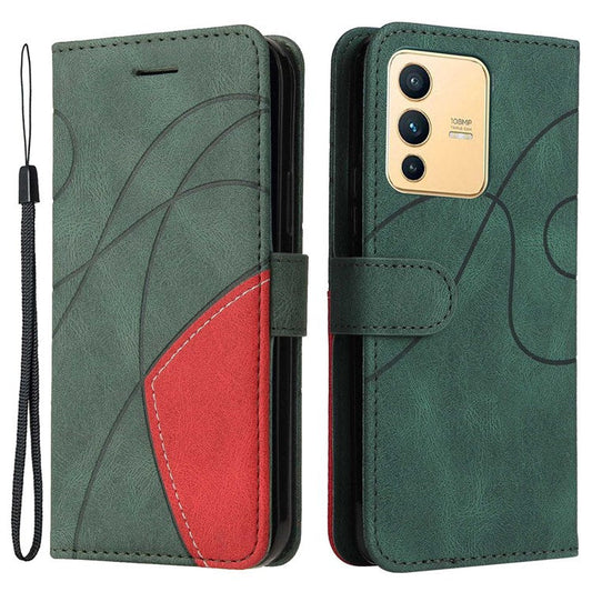 For vivo V23 5G Dual-color Splicing PU Leather Anti-drop Anti-scratch Wallet Function Mobile Phone Case Stand Shell with Strap - Green