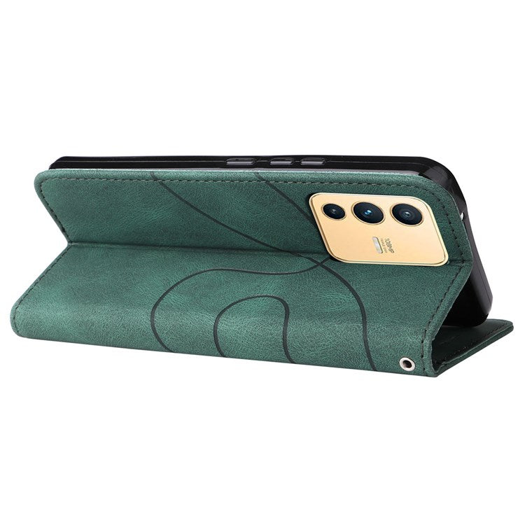 For vivo V23 5G Dual-color Splicing PU Leather Anti-drop Anti-scratch Wallet Function Mobile Phone Case Stand Shell with Strap - Green