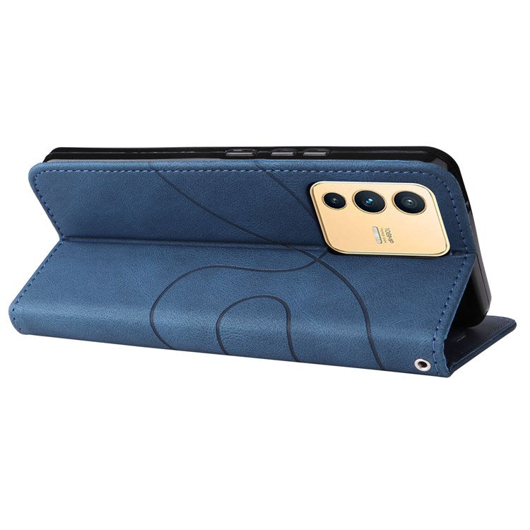 For vivo V23 5G Dual-color Splicing PU Leather Anti-drop Anti-scratch Wallet Function Mobile Phone Case Stand Shell with Strap - Blue