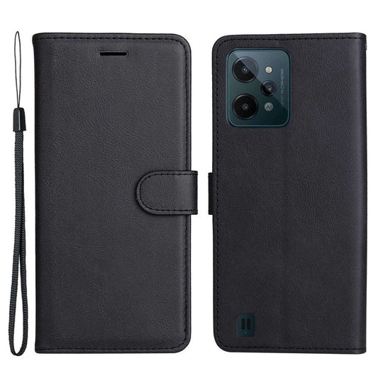 KT Leather Series-2 Leather Stand Phone Casing for Realme C31, Wallet Design Leather Phone Case with Handy Strap - Black