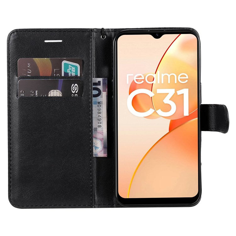 KT Leather Series-2 Leather Stand Phone Casing for Realme C31, Wallet Design Leather Phone Case with Handy Strap - Black