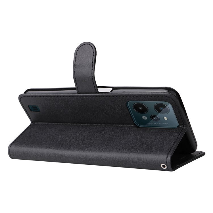 KT Leather Series-2 Leather Stand Phone Casing for Realme C31, Wallet Design Leather Phone Case with Handy Strap - Black