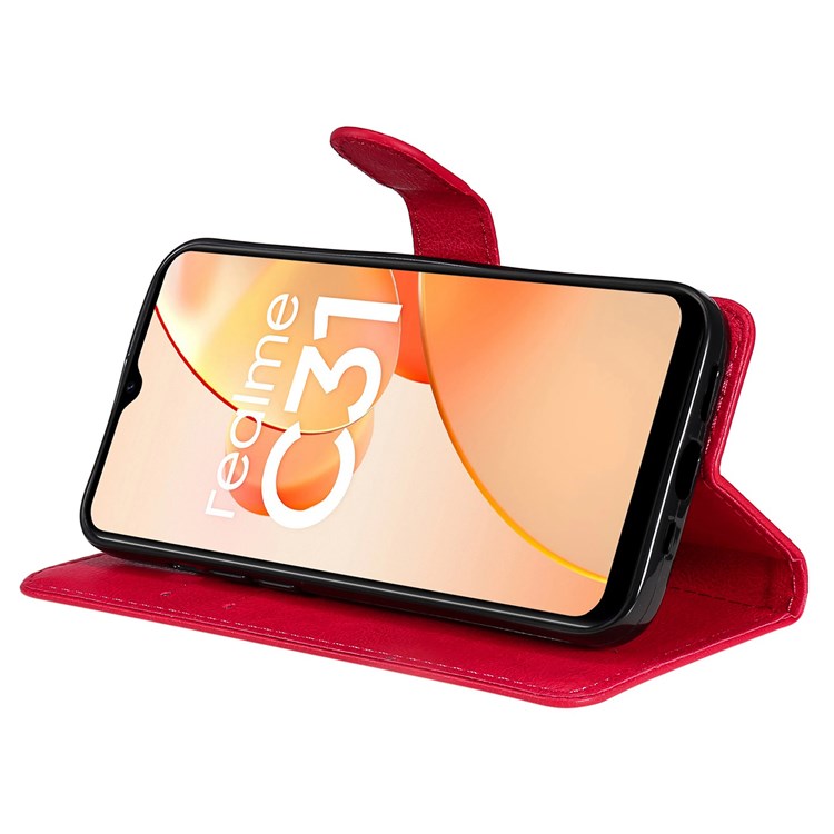 KT Leather Series-2 Leather Stand Phone Casing for Realme C31, Wallet Design Leather Phone Case with Handy Strap - Red