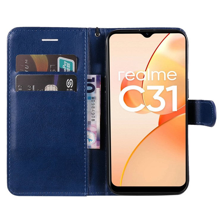 KT Leather Series-2 Leather Stand Phone Casing for Realme C31, Wallet Design Leather Phone Case with Handy Strap - Blue