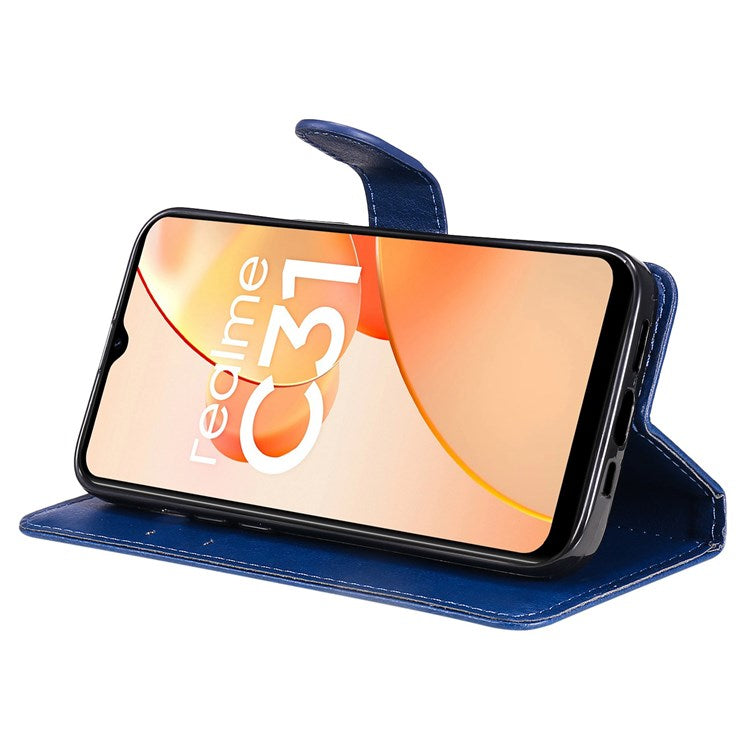 KT Leather Series-2 Leather Stand Phone Casing for Realme C31, Wallet Design Leather Phone Case with Handy Strap - Blue