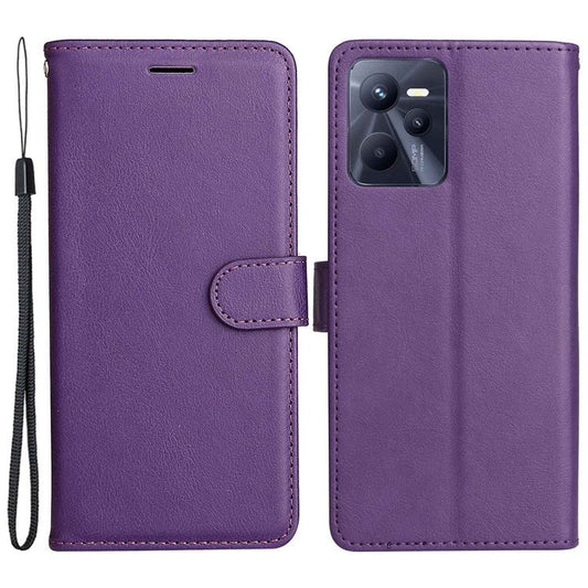 KT Leather Series-2 Solid Color PU Leather Wallet Case for Realme C35, Foldable Stand Cover with Hand Strap - Purple