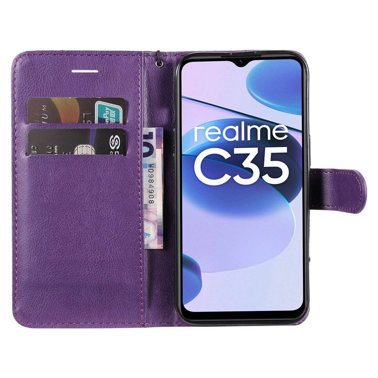 KT Leather Series-2 Solid Color PU Leather Wallet Case for Realme C35, Foldable Stand Cover with Hand Strap - Purple