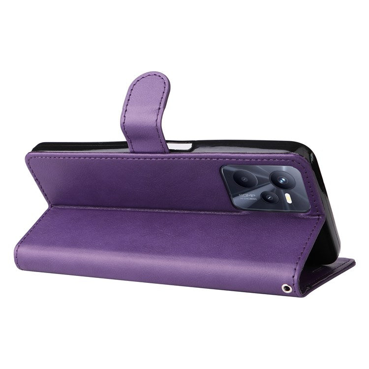 KT Leather Series-2 Solid Color PU Leather Wallet Case for Realme C35, Foldable Stand Cover with Hand Strap - Purple