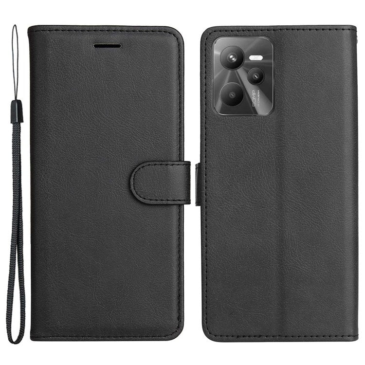 KT Leather Series-2 Solid Color PU Leather Wallet Case for Realme C35, Foldable Stand Cover with Hand Strap - Black