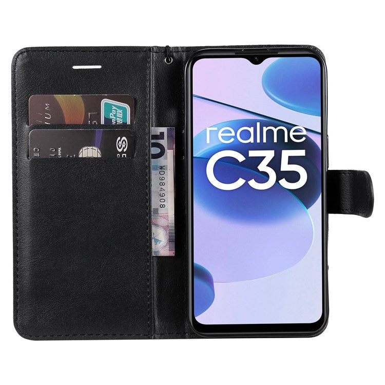 KT Leather Series-2 Solid Color PU Leather Wallet Case for Realme C35, Foldable Stand Cover with Hand Strap - Black