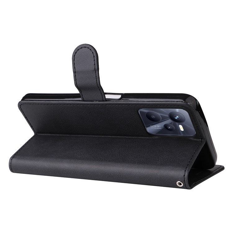 KT Leather Series-2 Solid Color PU Leather Wallet Case for Realme C35, Foldable Stand Cover with Hand Strap - Black