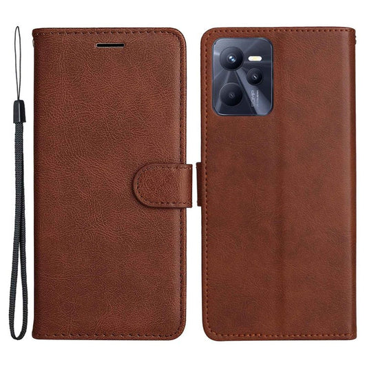 KT Leather Series-2 Solid Color PU Leather Wallet Case for Realme C35, Foldable Stand Cover with Hand Strap - Brown