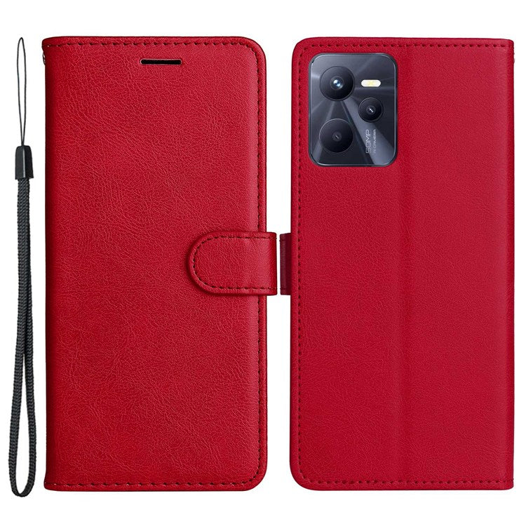 KT Leather Series-2 Solid Color PU Leather Wallet Case for Realme C35, Foldable Stand Cover with Hand Strap - Red