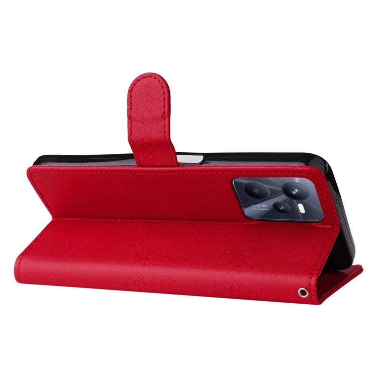 KT Leather Series-2 Solid Color PU Leather Wallet Case for Realme C35, Foldable Stand Cover with Hand Strap - Red