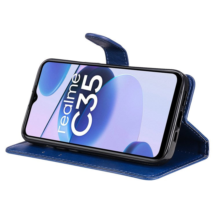 KT Leather Series-2 Solid Color PU Leather Wallet Case for Realme C35, Foldable Stand Cover with Hand Strap - Blue