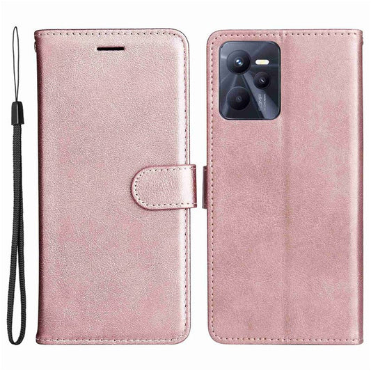 KT Leather Series-2 Solid Color PU Leather Wallet Case for Realme C35, Foldable Stand Cover with Hand Strap - Rose Gold